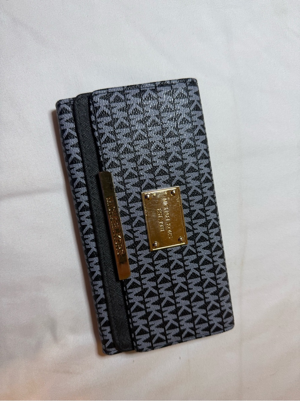 Michael Kors Black & Gray MK Monogram Card Wallet with Gold Plaque